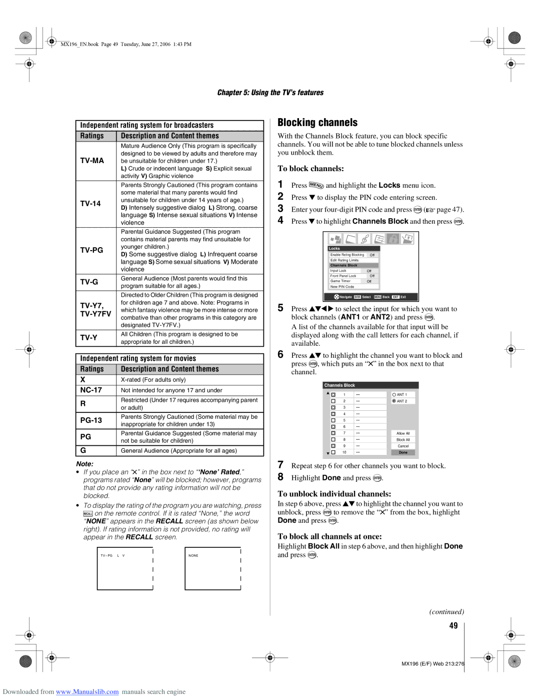 Toshiba 72MX196 manual Blocking channels, To block channels, To unblock individual channels, To block all channels at once 