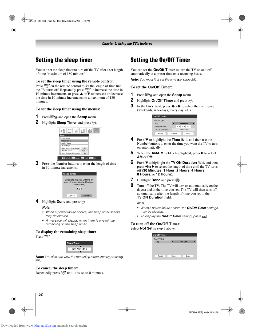 Toshiba 72MX196 manual Setting the sleep timer, Setting the On/Off Timer 