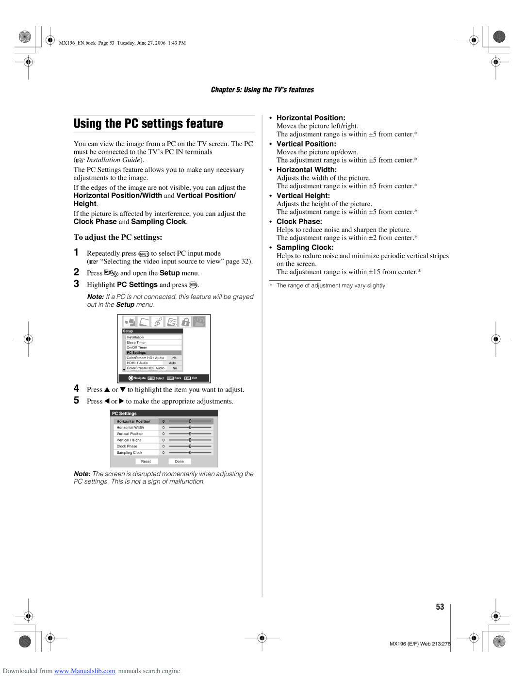 Toshiba 72MX196 manual Using the PC settings feature, To adjust the PC settings 