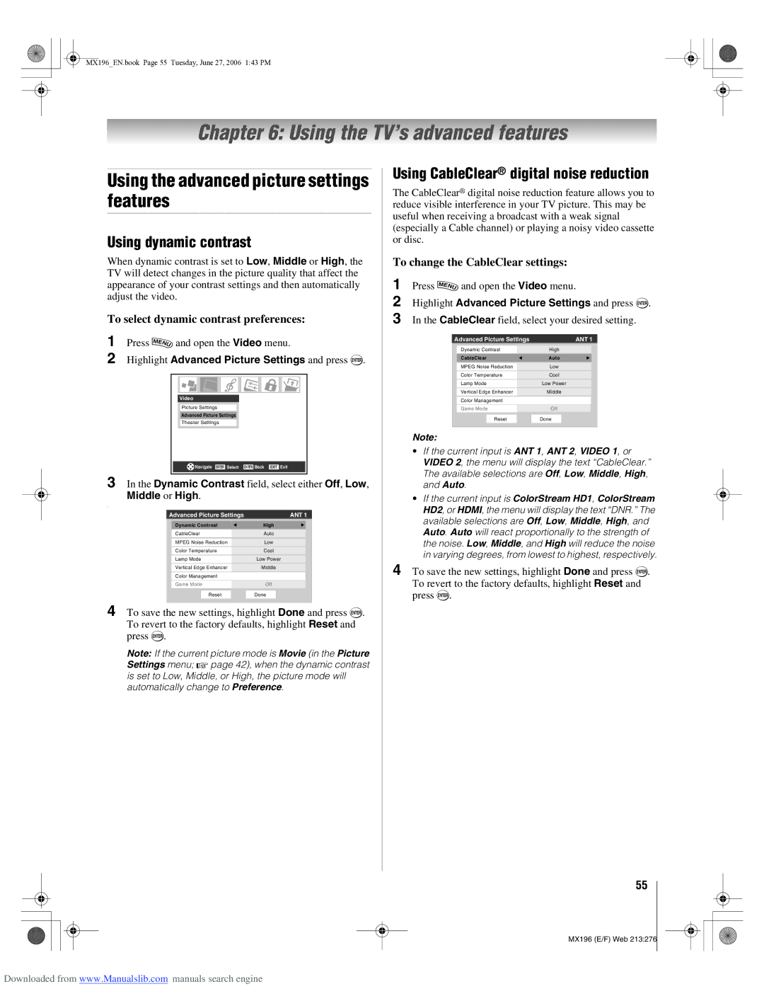 Toshiba 72MX196 Using the TV’s advanced features, Using the advanced picture settings features, Using dynamic contrast 