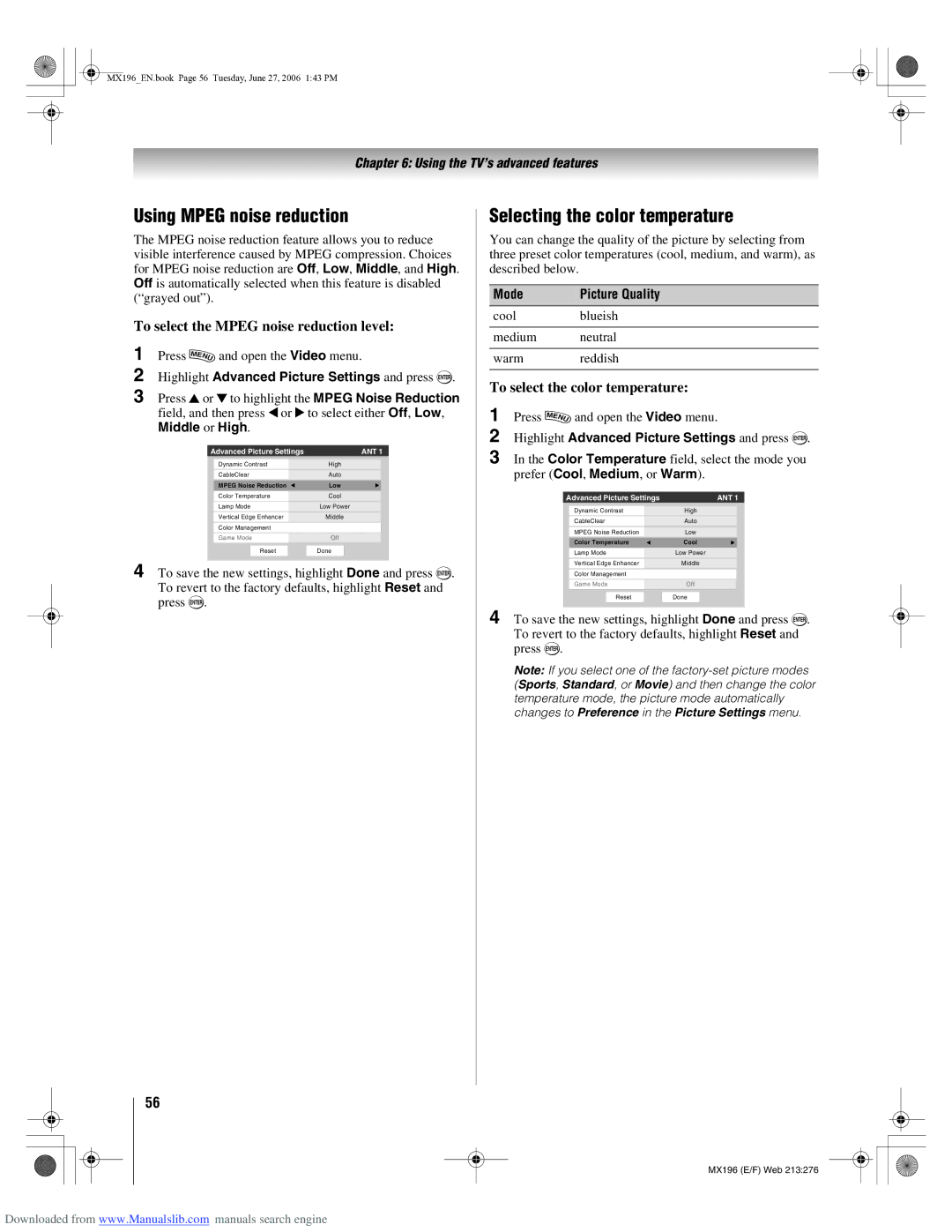 Toshiba 72MX196 Using Mpeg noise reduction, Selecting the color temperature, To select the Mpeg noise reduction level 