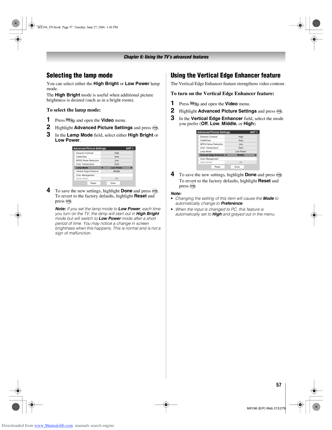 Toshiba 72MX196 manual Selecting the lamp mode, Using the Vertical Edge Enhancer feature, To select the lamp mode 