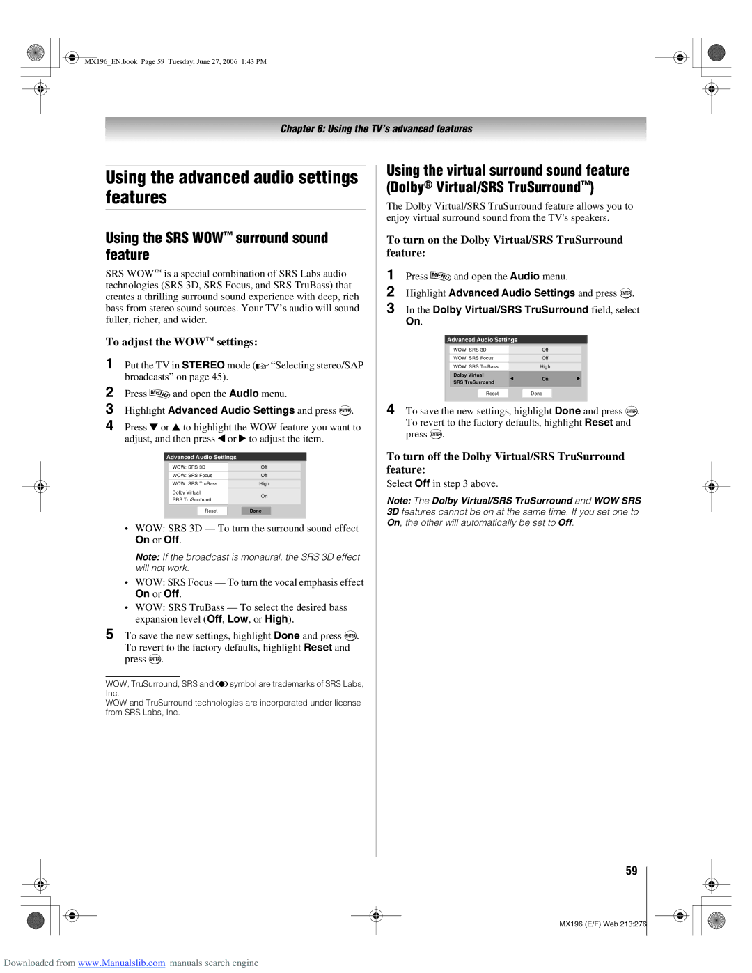 Toshiba 72MX196 manual Using the advanced audio settings features, Using the SRS WOW surround sound feature 