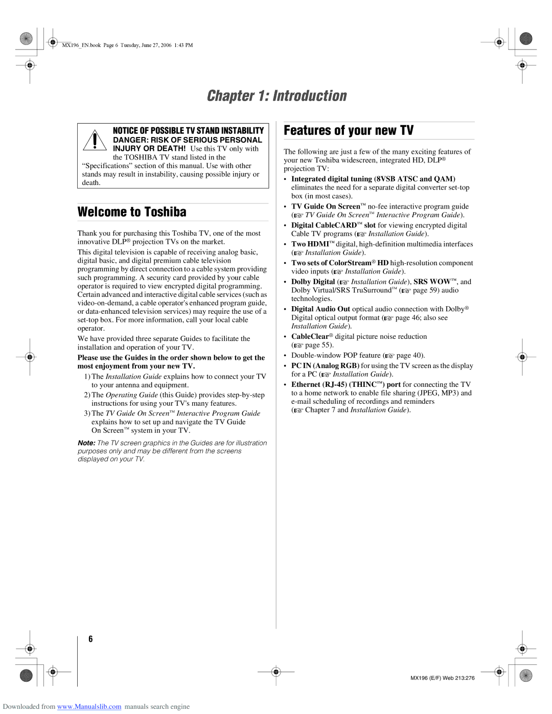 Toshiba 72MX196 manual Introduction, Welcome to Toshiba, Features of your new TV 