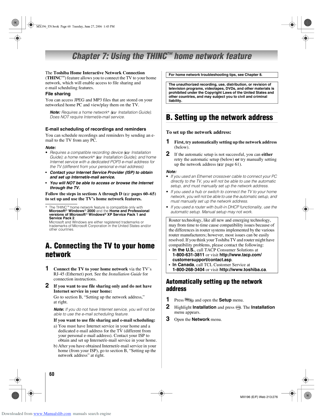 Toshiba 72MX196 manual Using the Thinc home network feature, Connecting the TV to your home network 