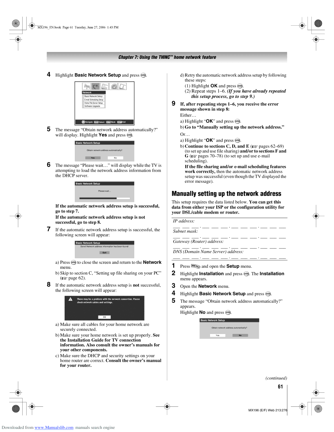 Toshiba 72MX196 manual Manually setting up the network address, Highlight Basic Network Setup and press T 