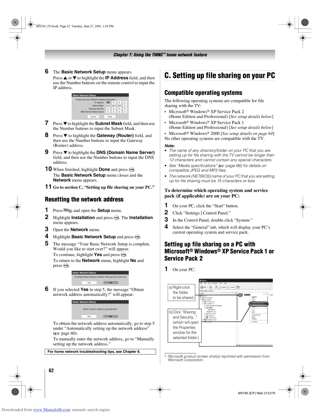 Toshiba 72MX196 manual Setting up file sharing on your PC, Resetting the network address, Compatible operating systems 