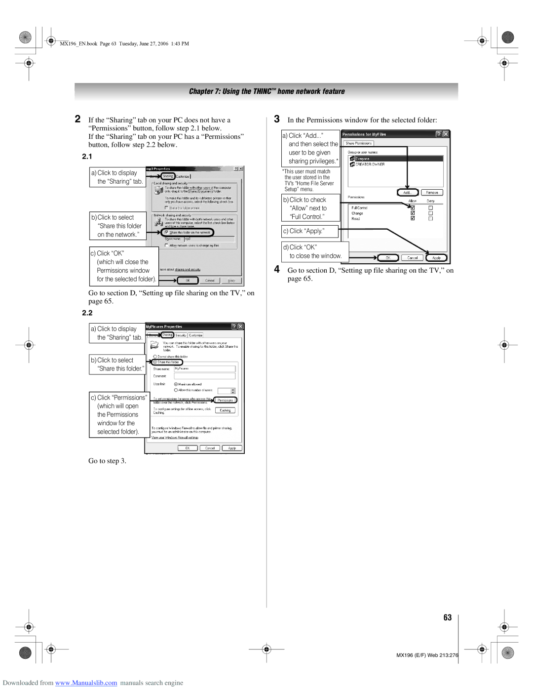 Toshiba 72MX196 manual Go to section D, Setting up file sharing on the TV, on, Permissions window for the selected folder 