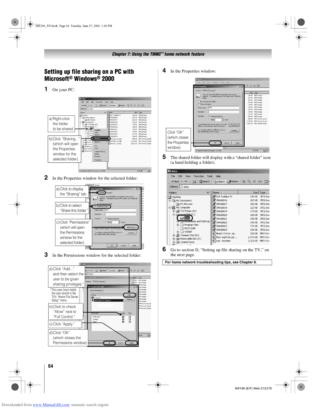 Toshiba 72MX196 manual Setting up file sharing on a PC with Microsoft Windows, Properties window for the selected folder 