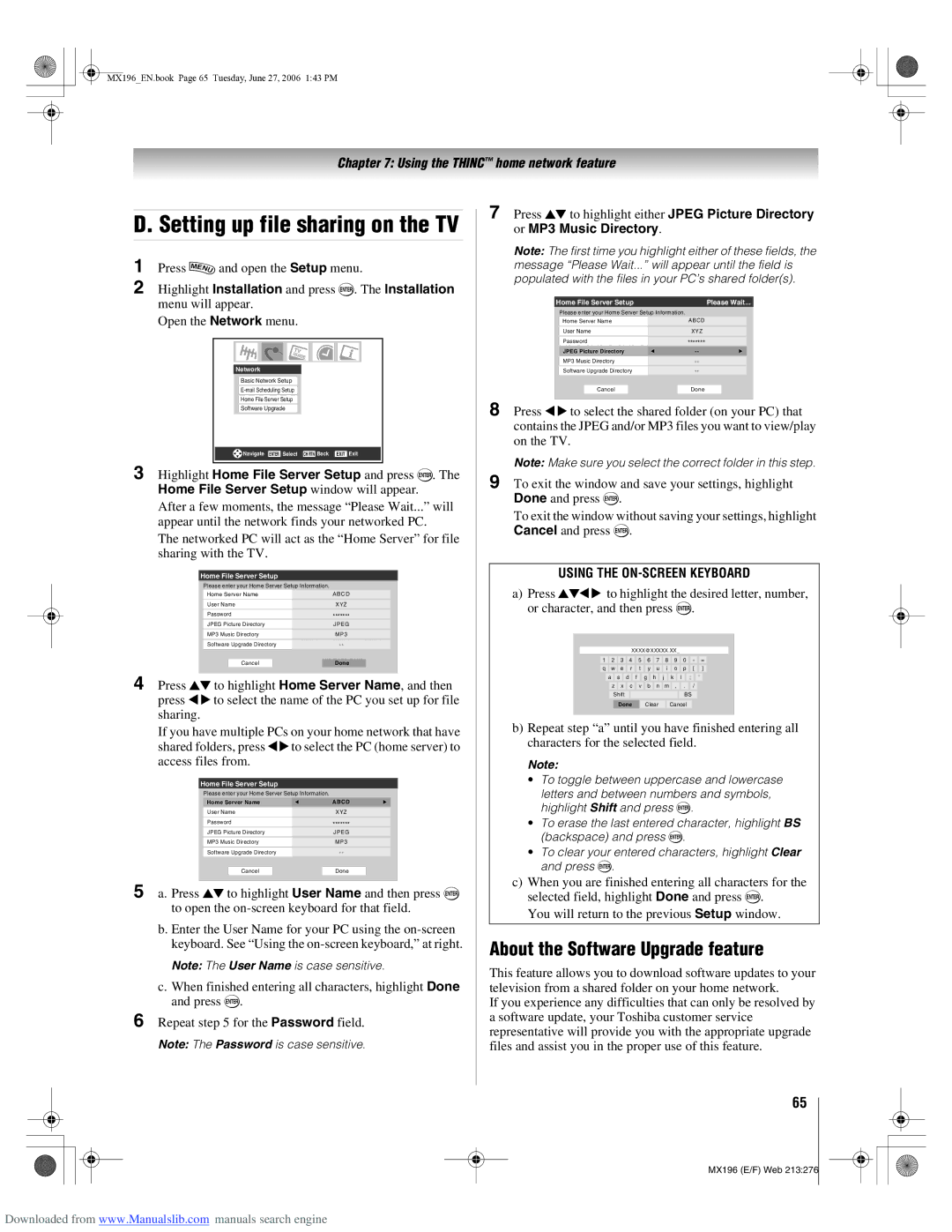 Toshiba 72MX196 manual About the Software Upgrade feature, Home Server Name, Jpeg Picture Directory 