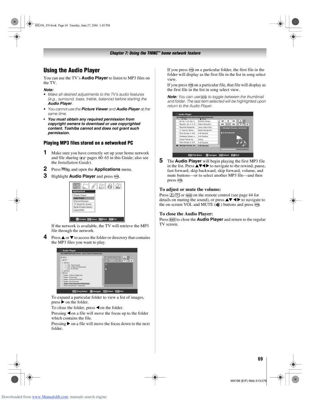 Toshiba 72MX196 manual Using the Audio Player, Playing MP3 files stored on a networked PC, To adjust or mute the volume 