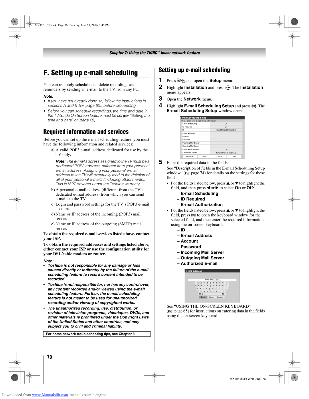 Toshiba 72MX196 manual Setting up e-mail scheduling, Required information and services 