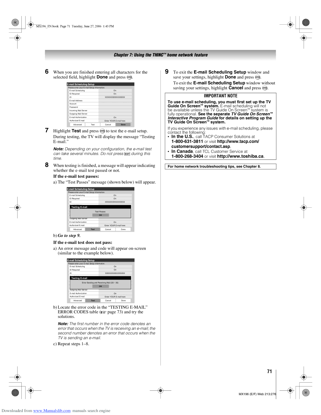 Toshiba 72MX196 manual Test Passes message shown below will appear, To exit the E-mail Scheduling Setup window 