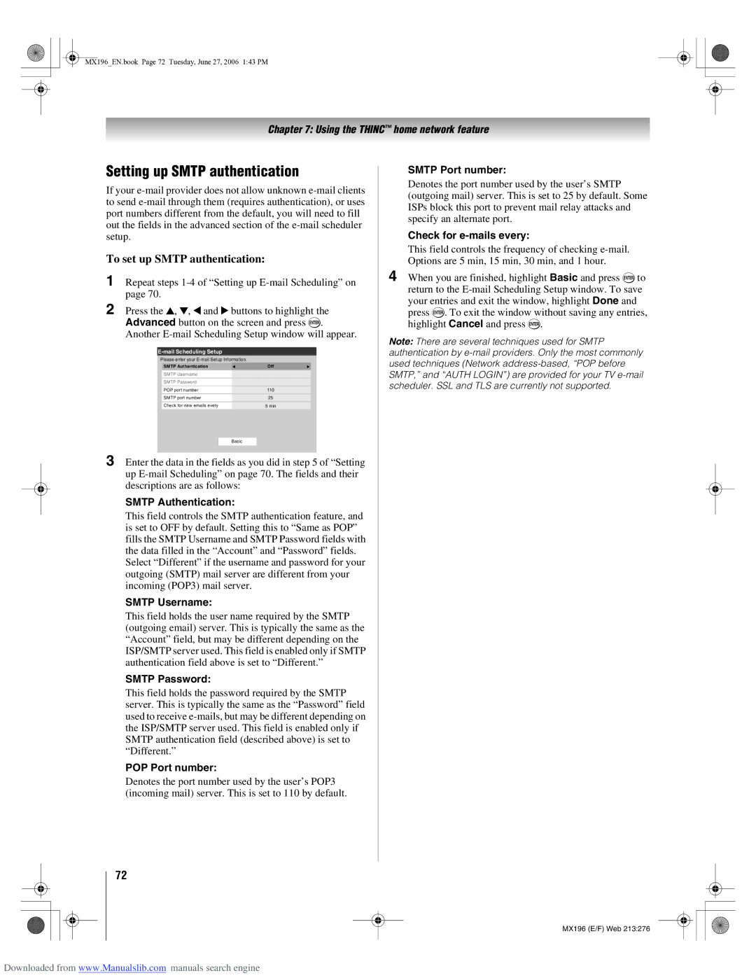 Toshiba 72MX196 manual Setting up Smtp authentication, To set up Smtp authentication 