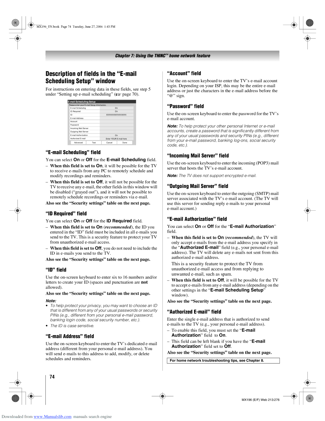 Toshiba 72MX196 Description of fields in the E-mail Scheduling Setup window, Mail Scheduling field, ID Required field 