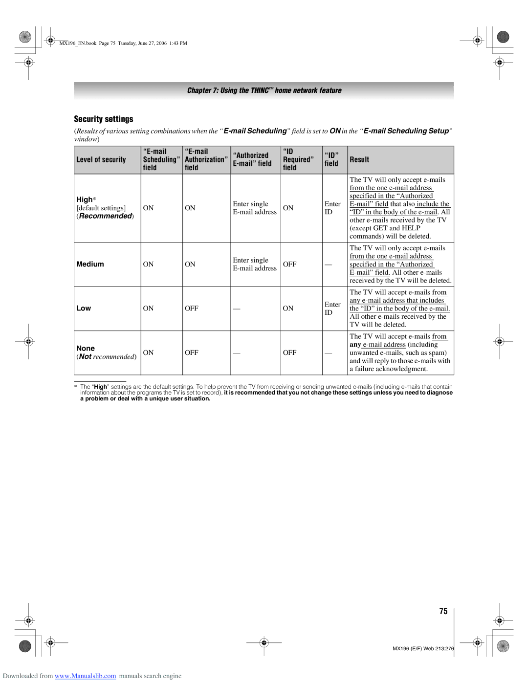 Toshiba 72MX196 manual Security settings 