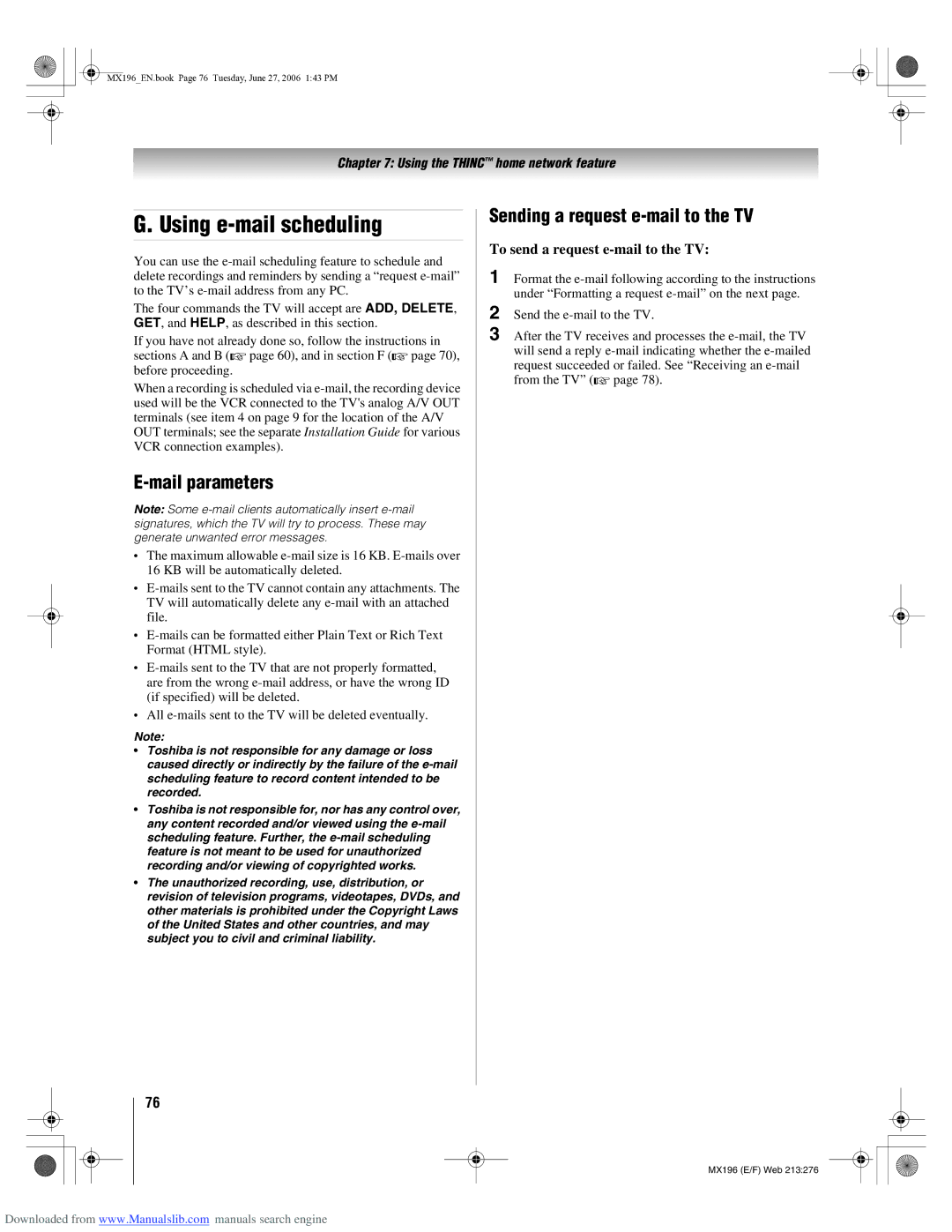 Toshiba 72MX196 manual Using e-mail scheduling, Mail parameters, Sending a request e-mail to the TV 