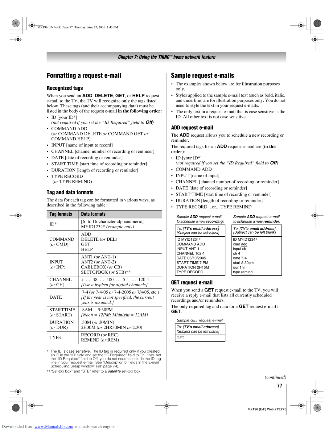 Toshiba 72MX196 manual Formatting a request e-mail, Sample request e-mails 