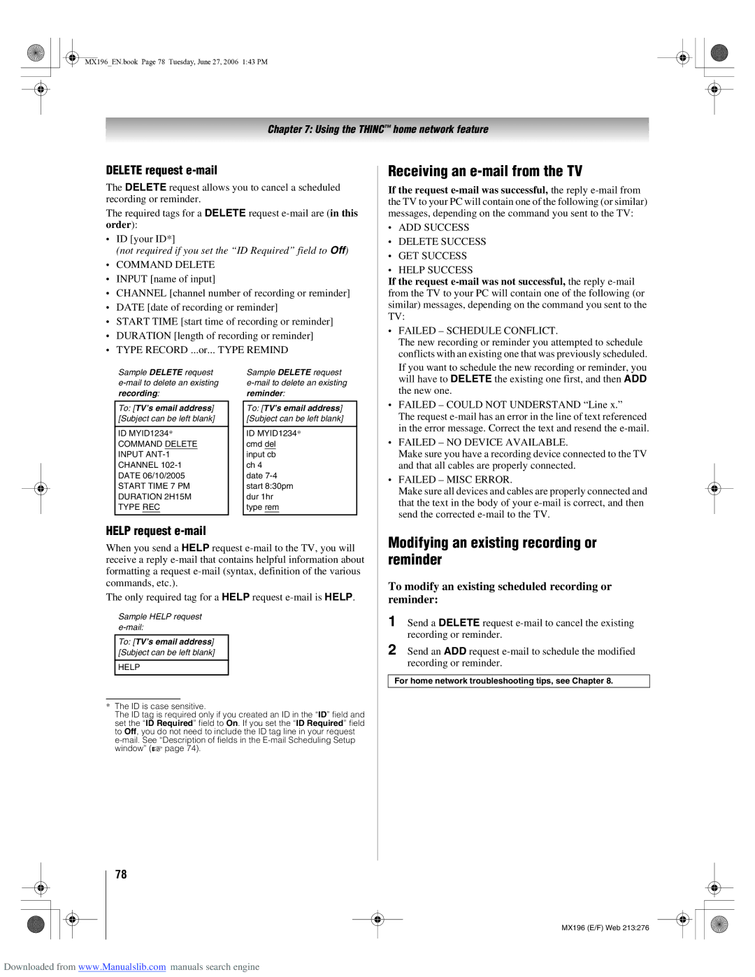 Toshiba 72MX196 manual Receiving an e-mail from the TV, Modifying an existing recording or reminder, Delete request e-mail 