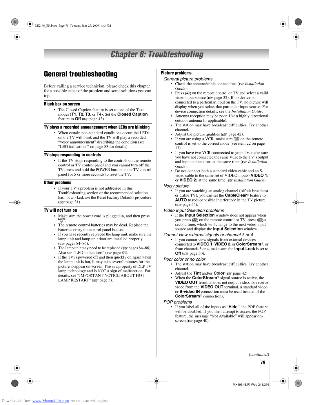 Toshiba 72MX196 manual Troubleshooting, General troubleshooting 