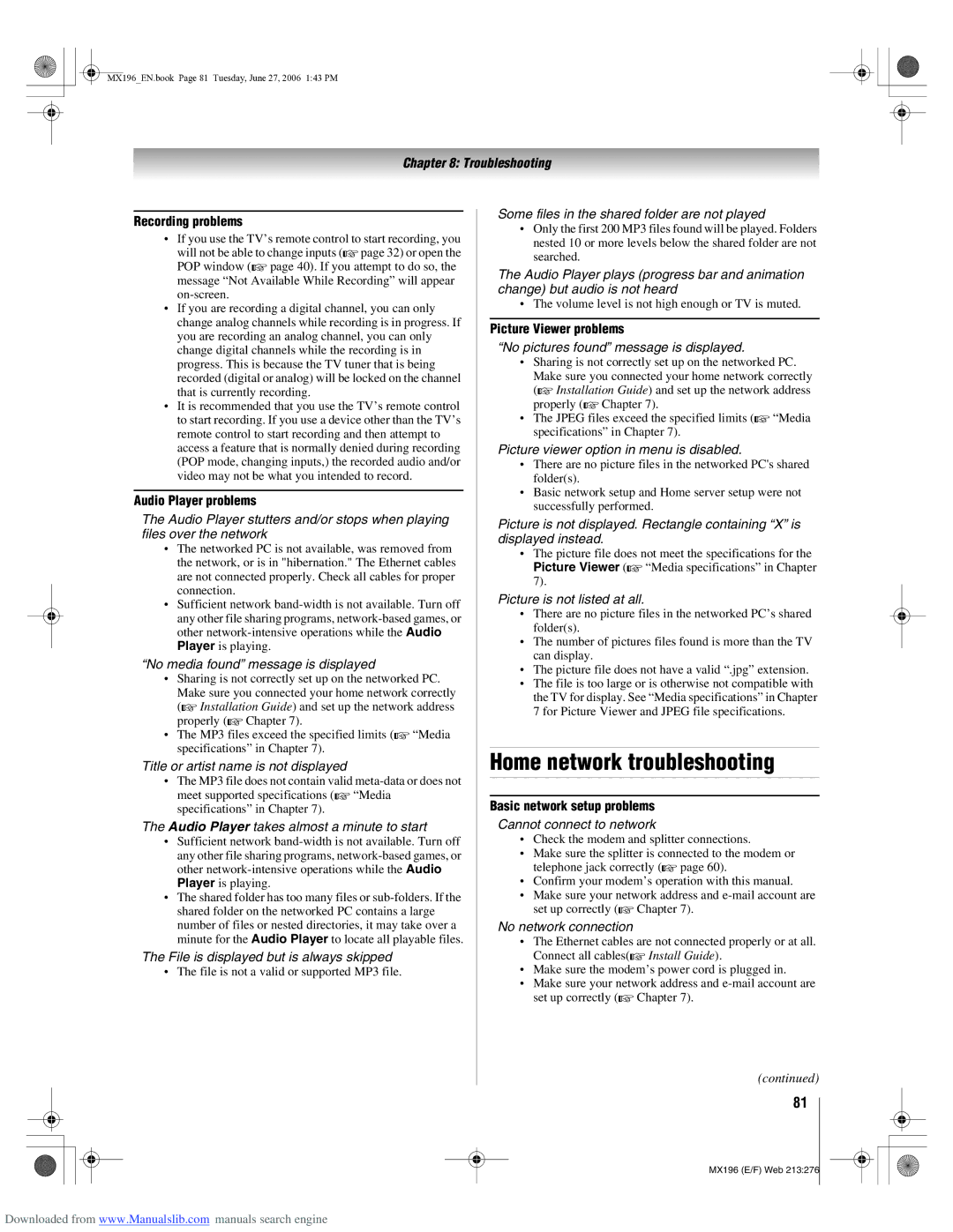 Toshiba 72MX196 manual Home network troubleshooting, Recording problems, Audio Player problems, Picture Viewer problems 