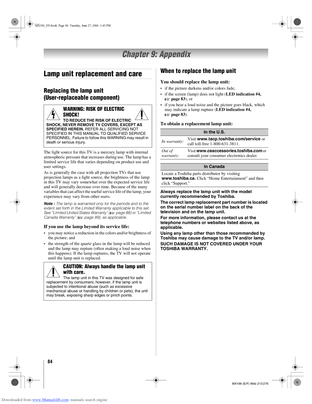 Toshiba 72MX196 manual Appendix, Lamp unit replacement and care, When to replace the lamp unit 