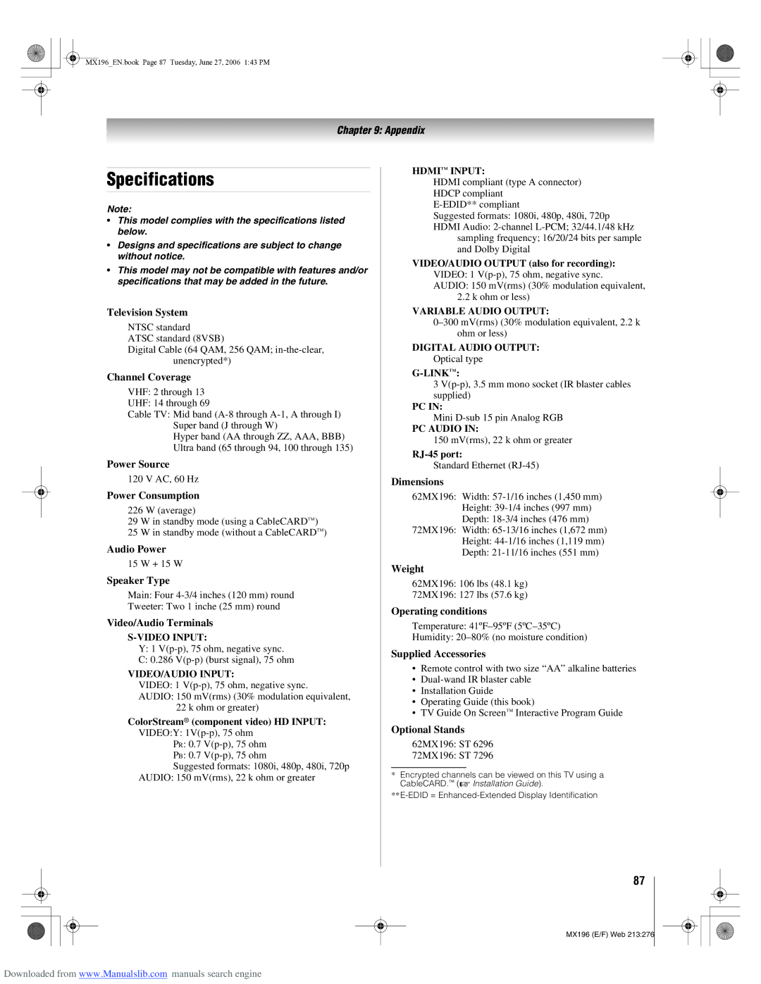 Toshiba 72MX196 manual Specifications 