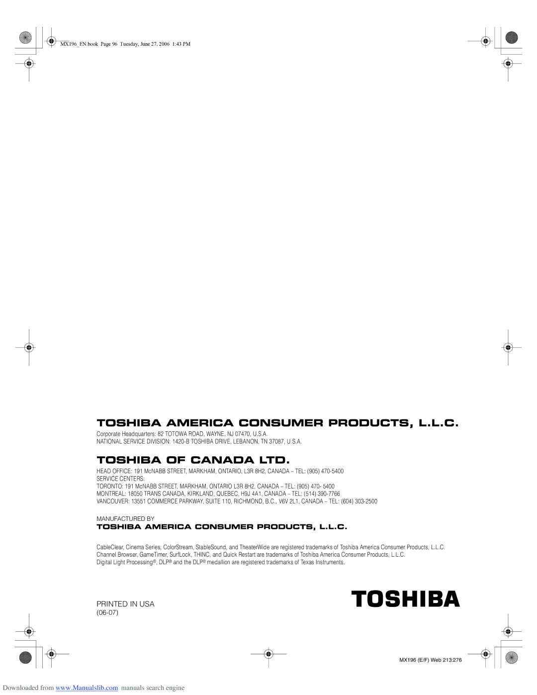 Toshiba 72MX196 manual Service Centers 