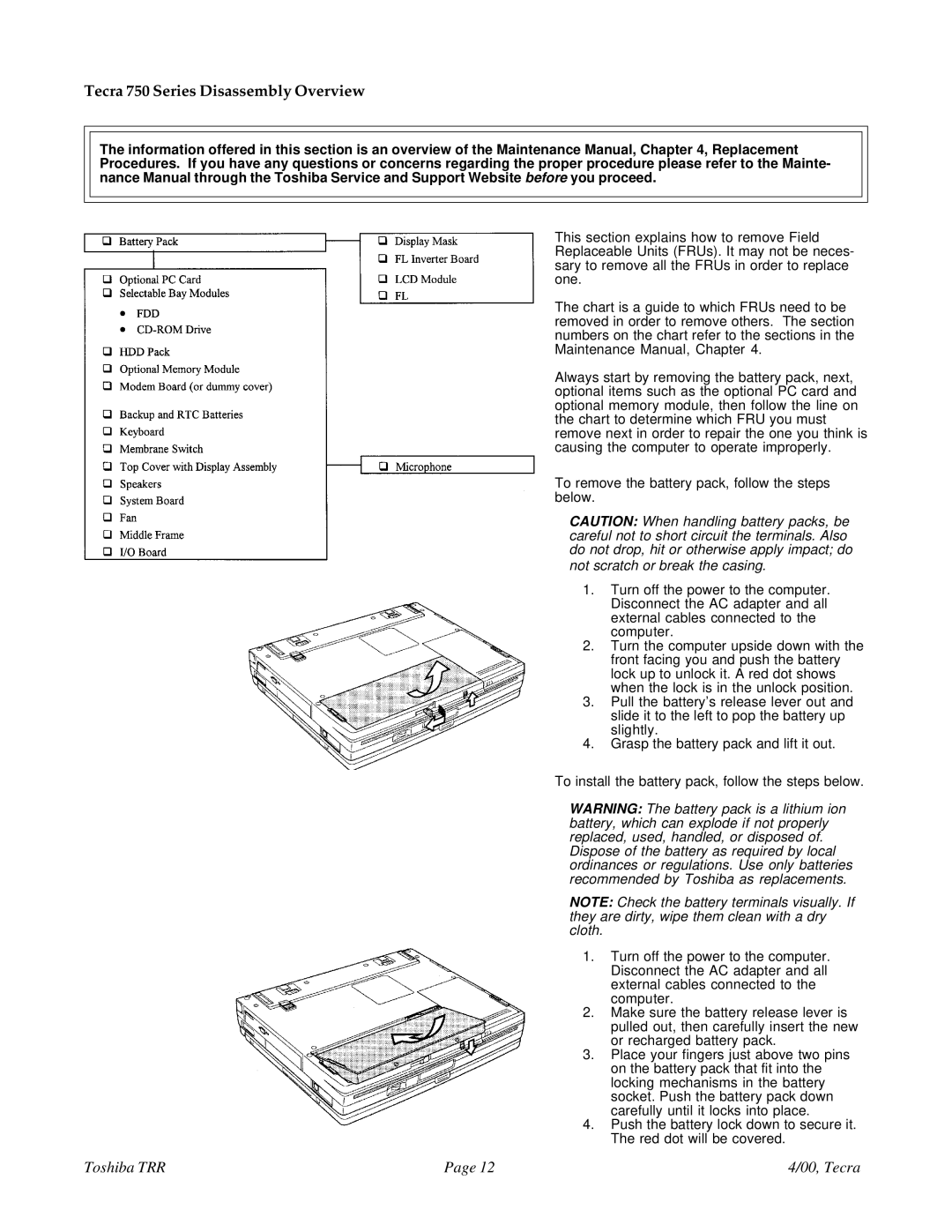 Toshiba manual Tecra 750 Series Disassembly Overview 