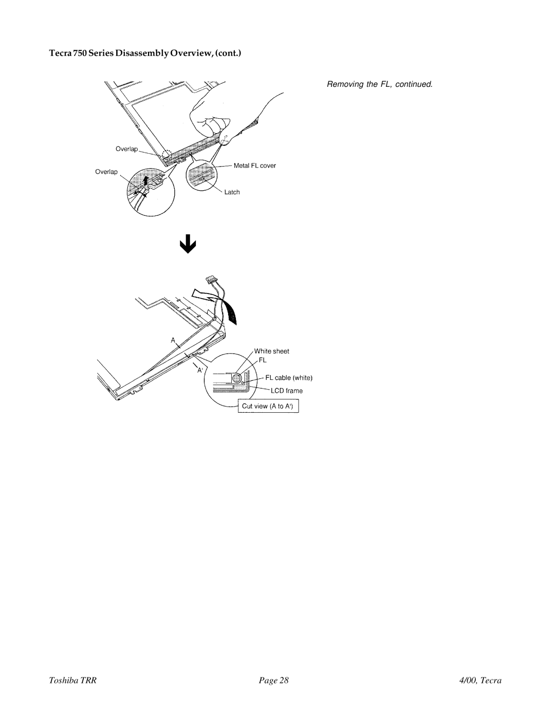 Toshiba 750 manual Removing the FL 