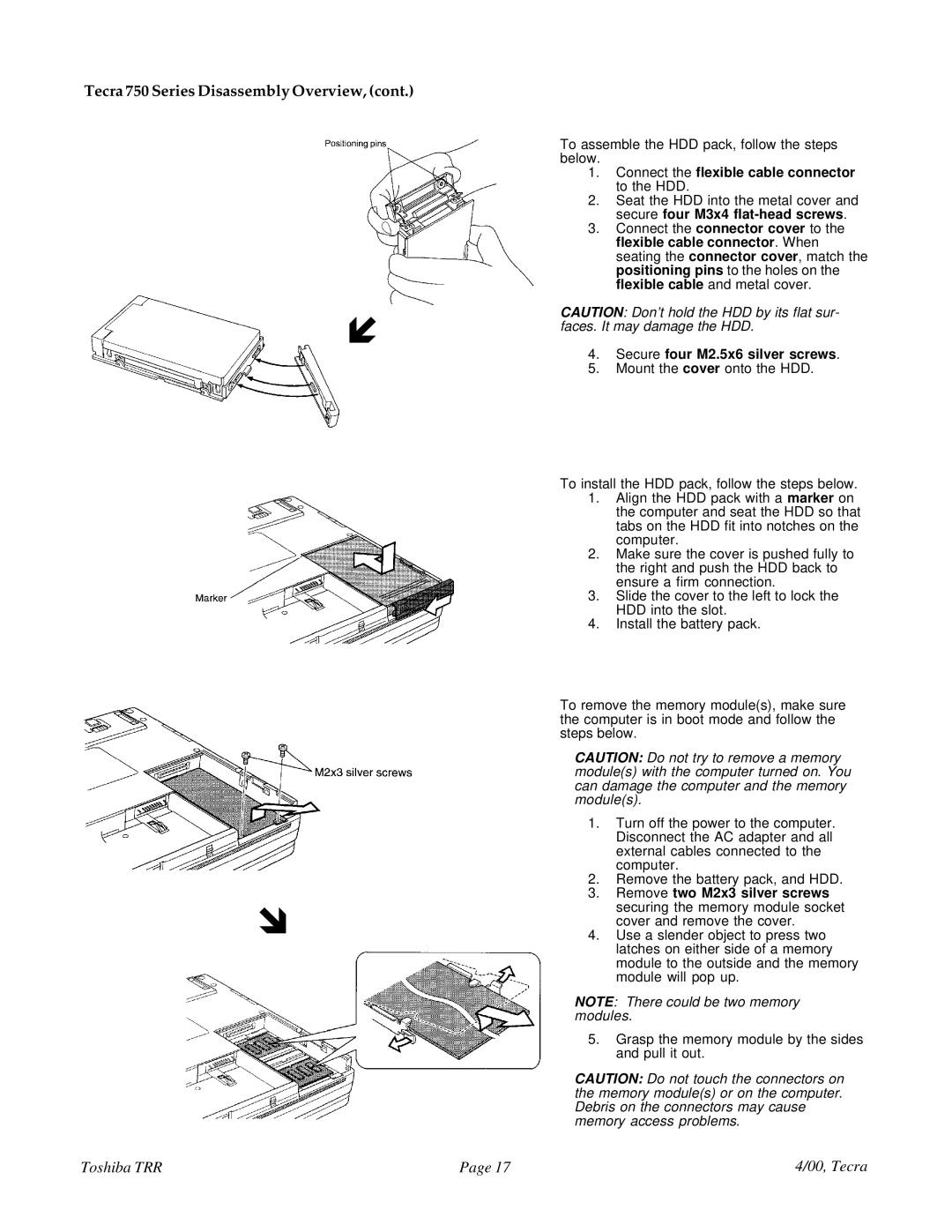 Toshiba 750 manual Connect the flexible cable connector to the HDD, Secure four M2.5x6 silver screws 