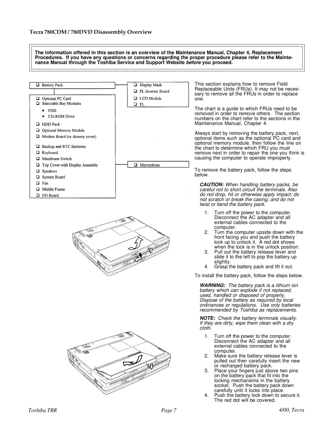 Toshiba manual Tecra 780CDM / 780DVD Disassembly Overview 