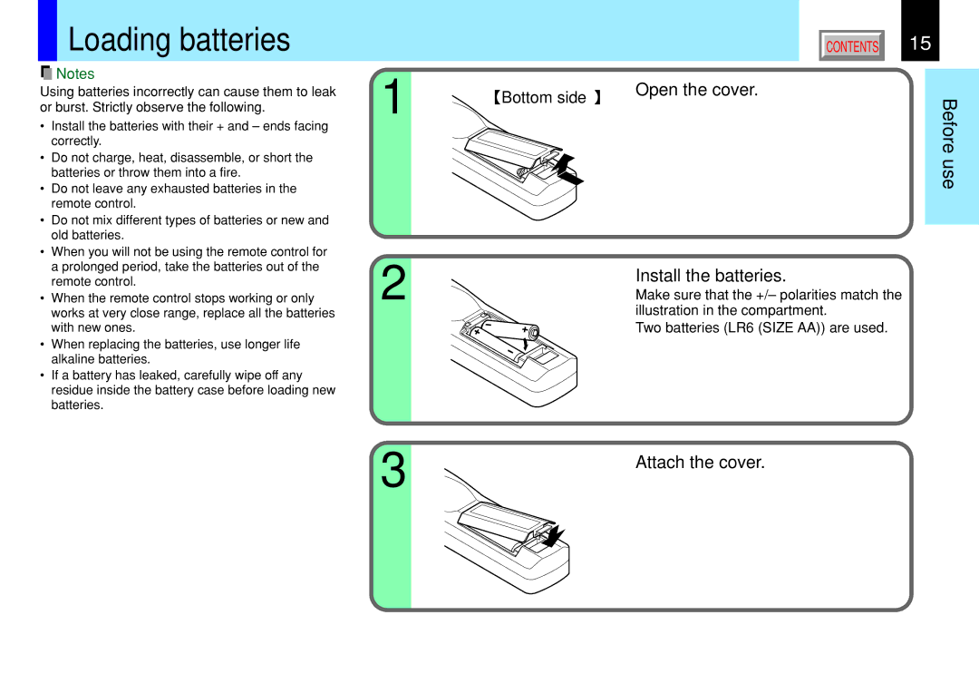 Toshiba 791, 790 manual Loading batteries, Open the cover, Install the batteries, Attach the cover, Bottom side 