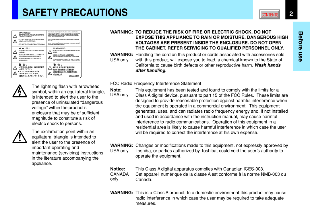 Toshiba 790, 791 manual Safety Precautions, Only Canada 