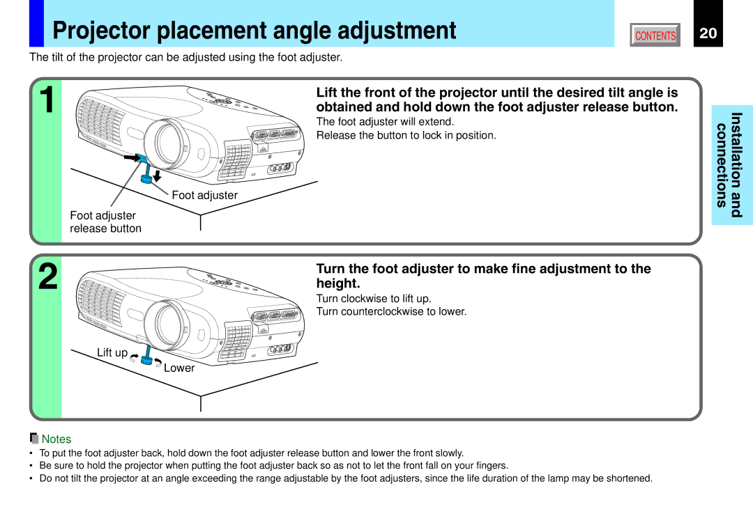 Toshiba 790, 791 manual Projector placement angle adjustment, Foot adjuster Foot adjuster release button Lift up Lower 