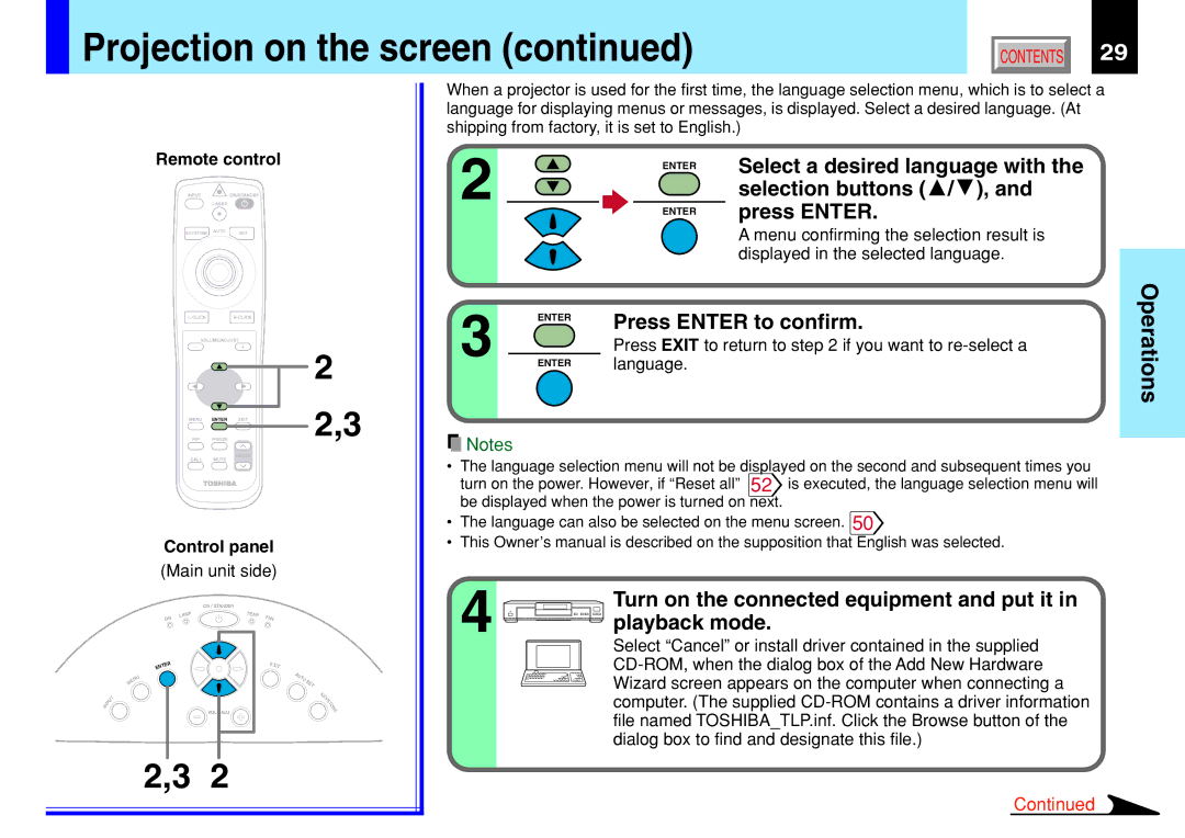 Toshiba 791, 790 manual Select a desired language with, Selection buttons, Press Enter to confirm 