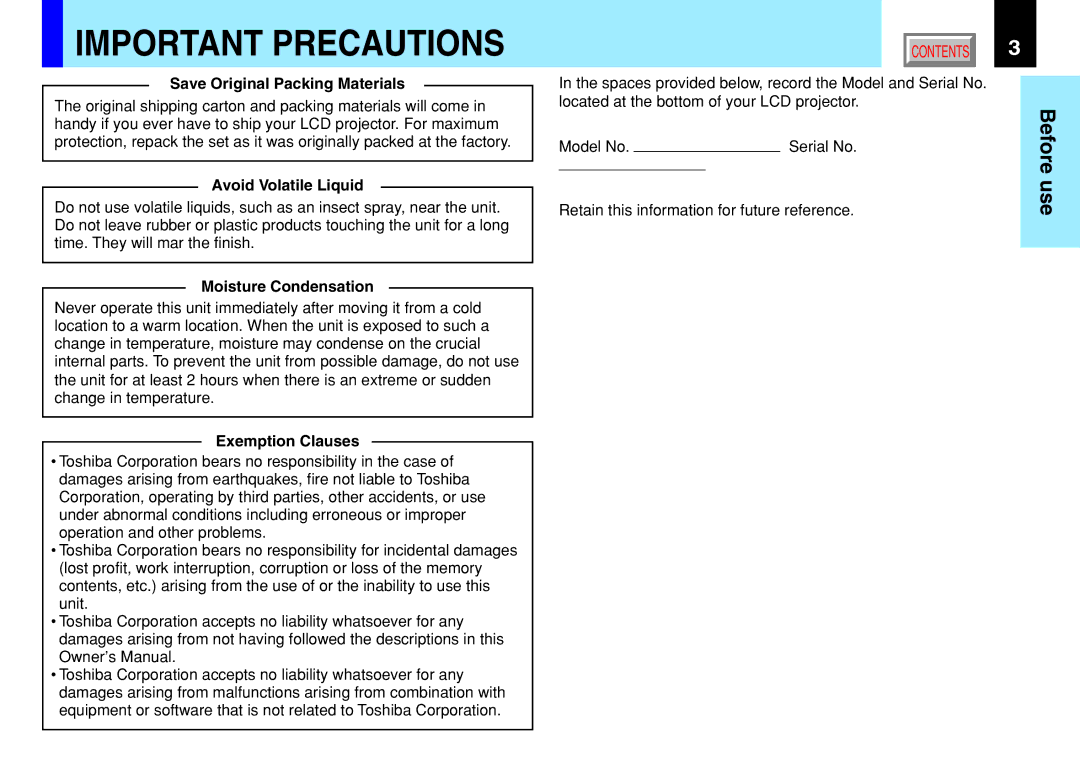Toshiba 791, 790 manual Save Original Packing Materials, Avoid Volatile Liquid, Moisture Condensation, Exemption Clauses 