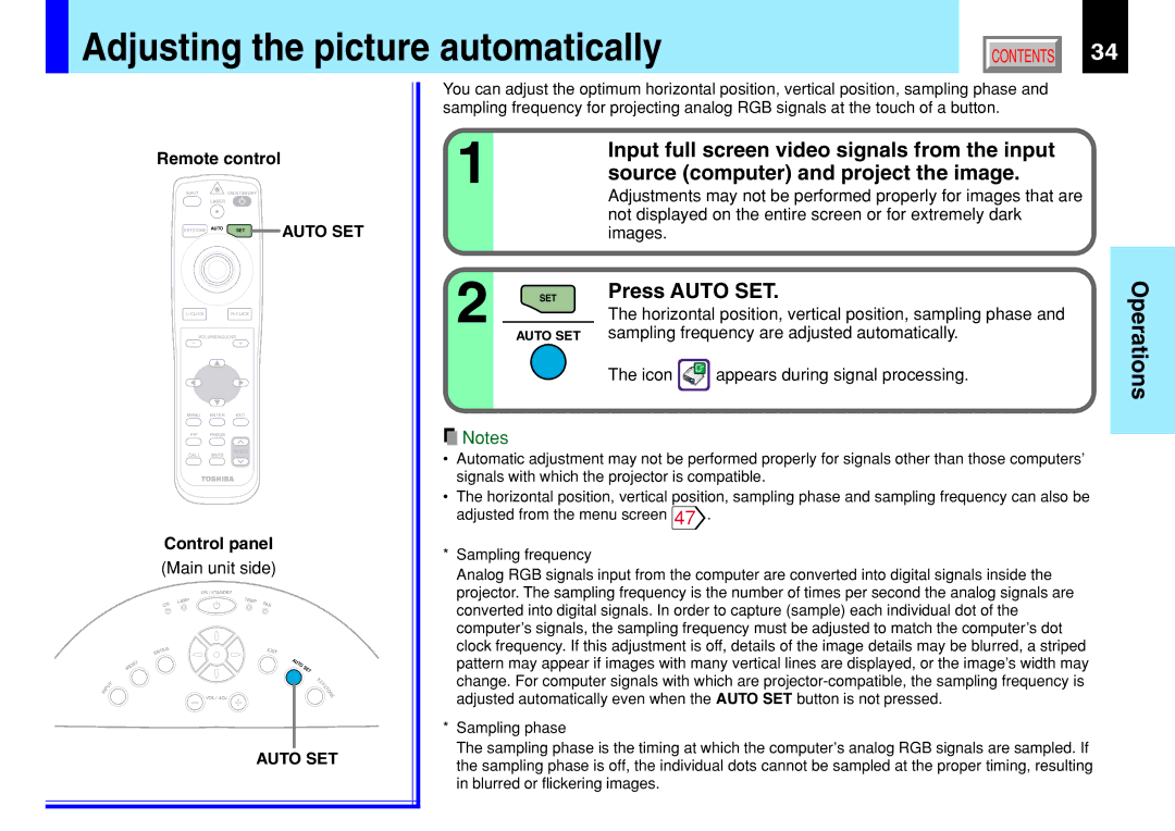 Toshiba 790, 791 manual Adjusting the picture automatically, Input full screen video signals from the input, Press Auto SET 