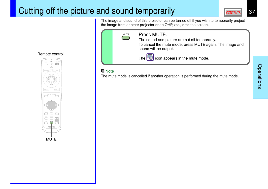 Toshiba 791, 790 manual Cutting off the picture and sound temporarily, Press Mute, Sound and picture are cut off temporarily 