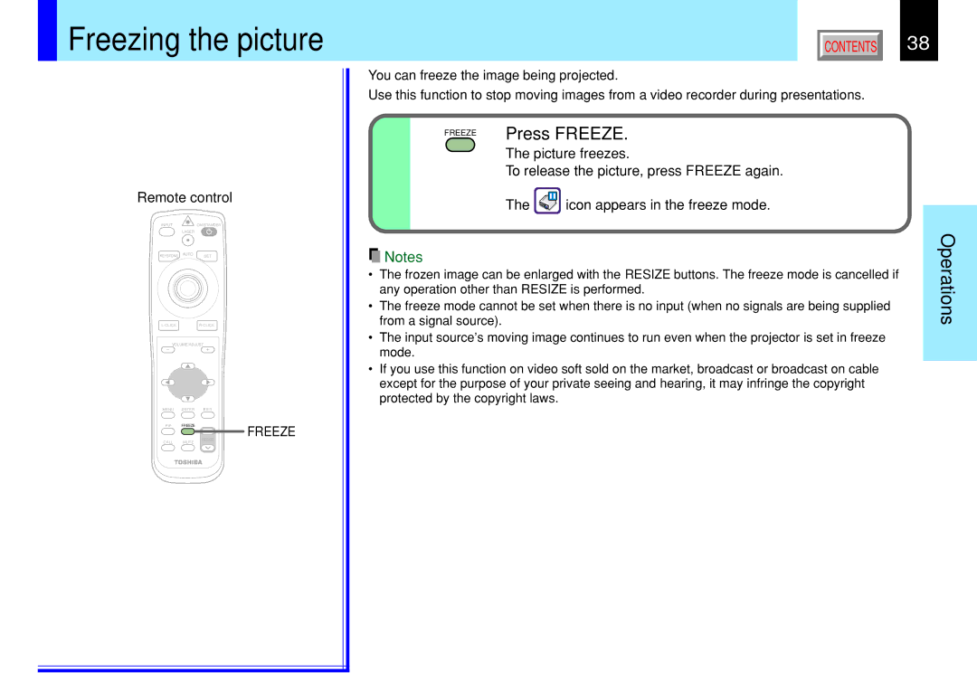 Toshiba 790, 791 manual Freezing the picture, Press Freeze, Picture freezes, Icon appears in the freeze mode 