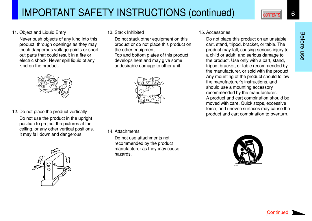 Toshiba 790, 791 Object and Liquid Entry, Do not place the product vertically, Stack Inhibited, Attachments, Accessories 