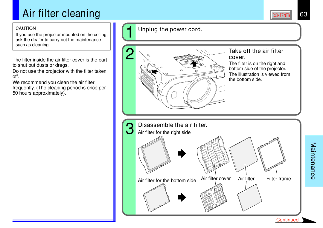 Toshiba 791, 790 manual Air filter cleaning, Unplug the power cord Take off the air filter cover 