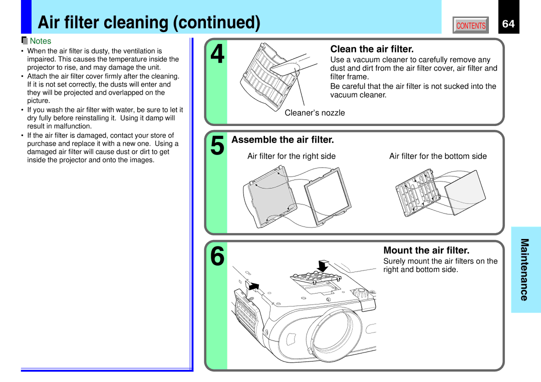 Toshiba 790, 791 manual Clean the air filter, Assemble the air filter, Mount the air filter, Cleaner’s nozzle 