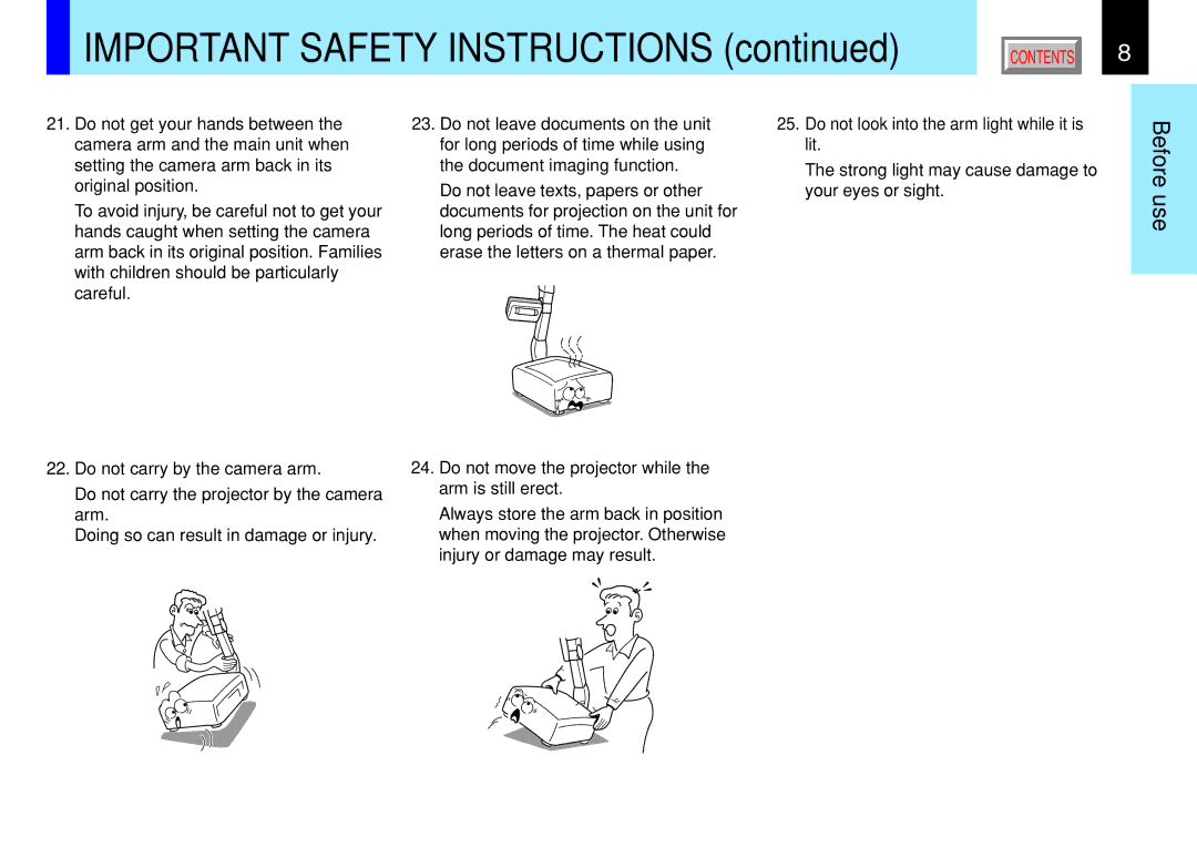 Toshiba 790 Important Safety Instructions, Do not carry by the camera arm, Do not look into the arm light while it is lit 