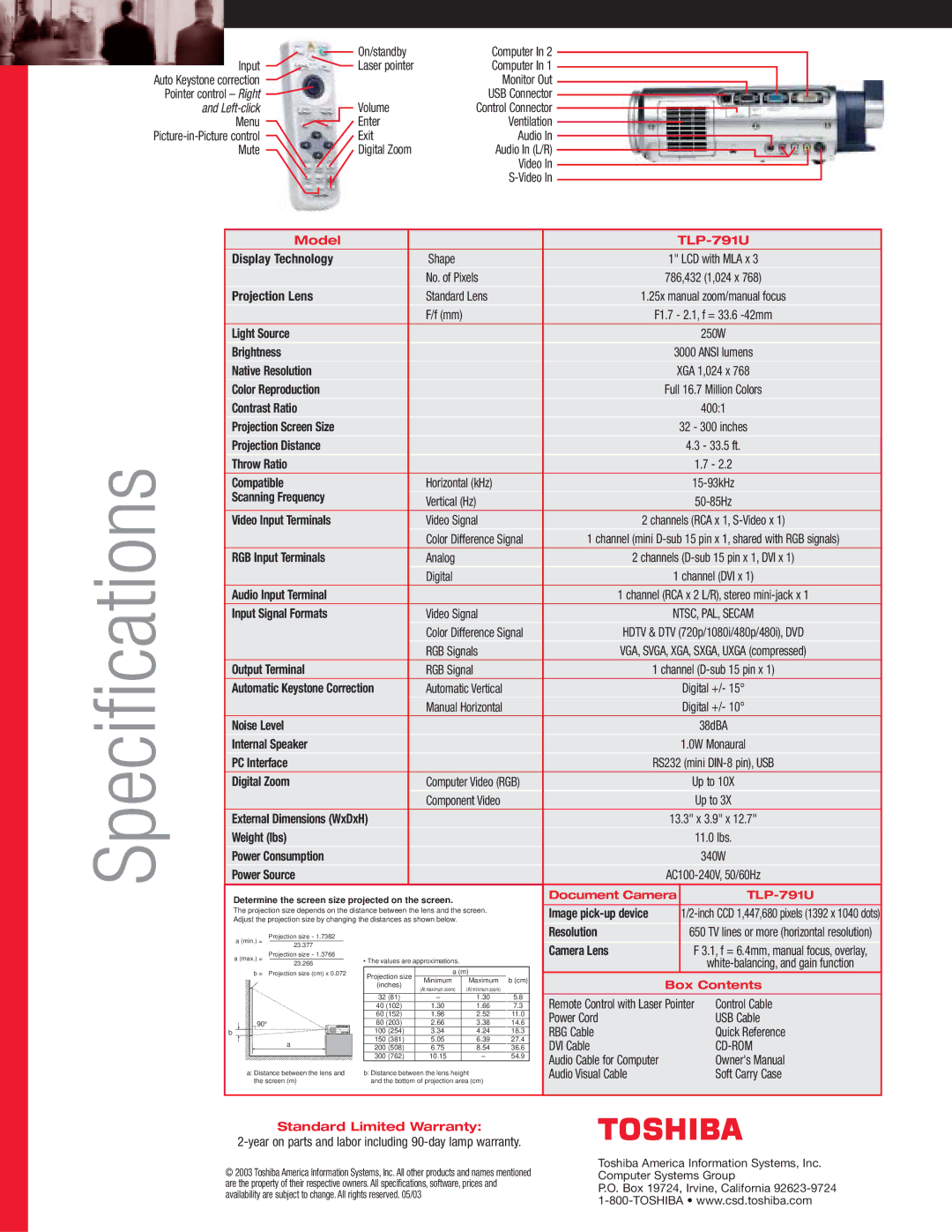 Toshiba 791U manual Display Technology, Projection Lens, Light Source, Brightness, Native Resolution, Color Reproduction 