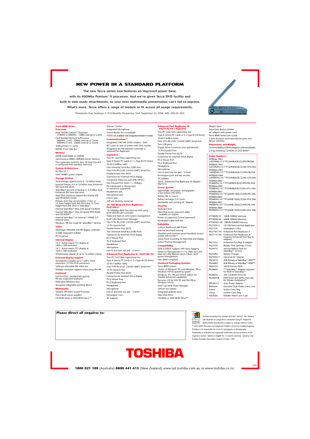 Toshiba Tecra 8000 Series Processor, Memory, System Architecture, Storage Devices, Video, Internal Display, Keyboard 