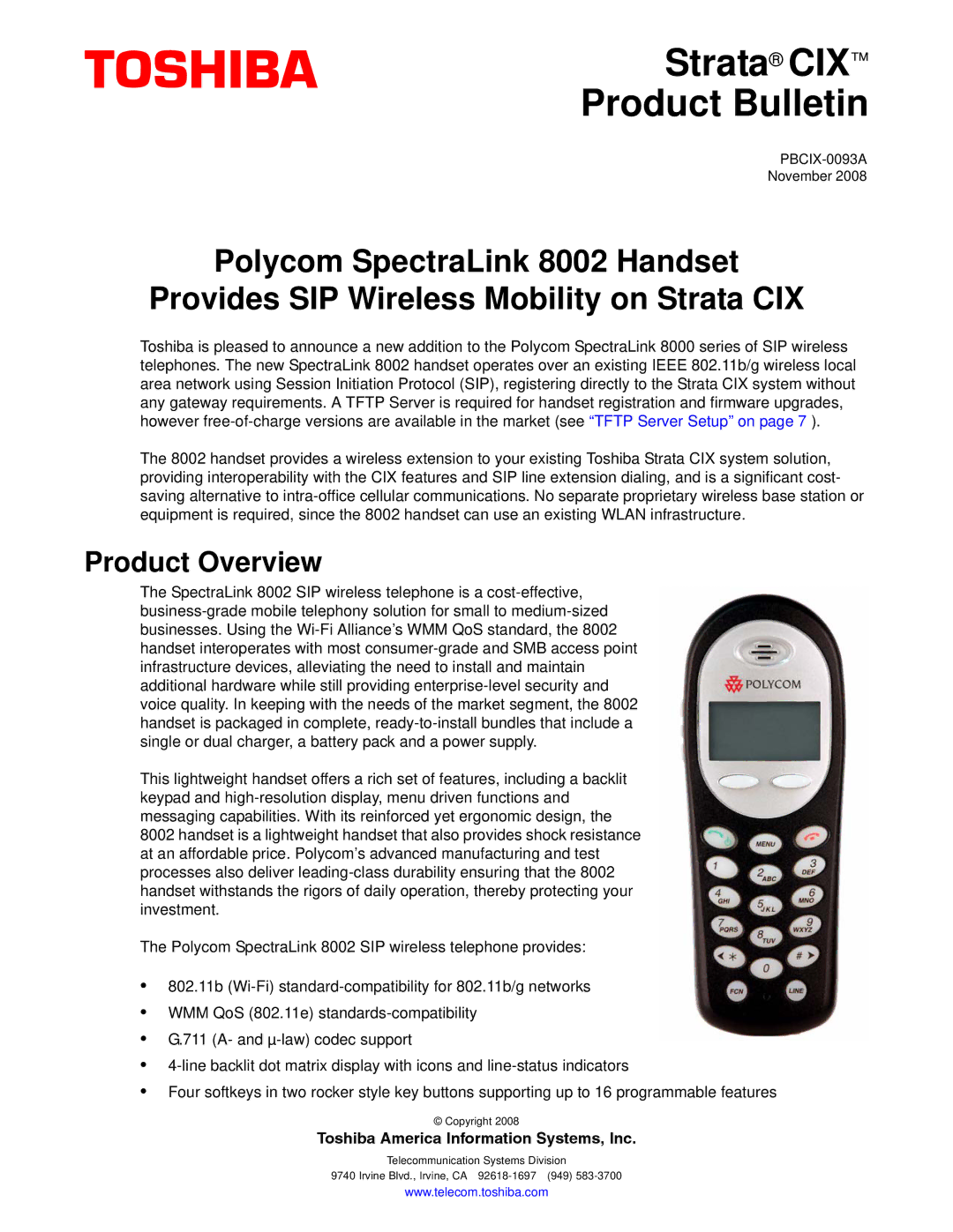 Toshiba 8002 manual Product Overview, Toshiba America Information Systems, Inc 