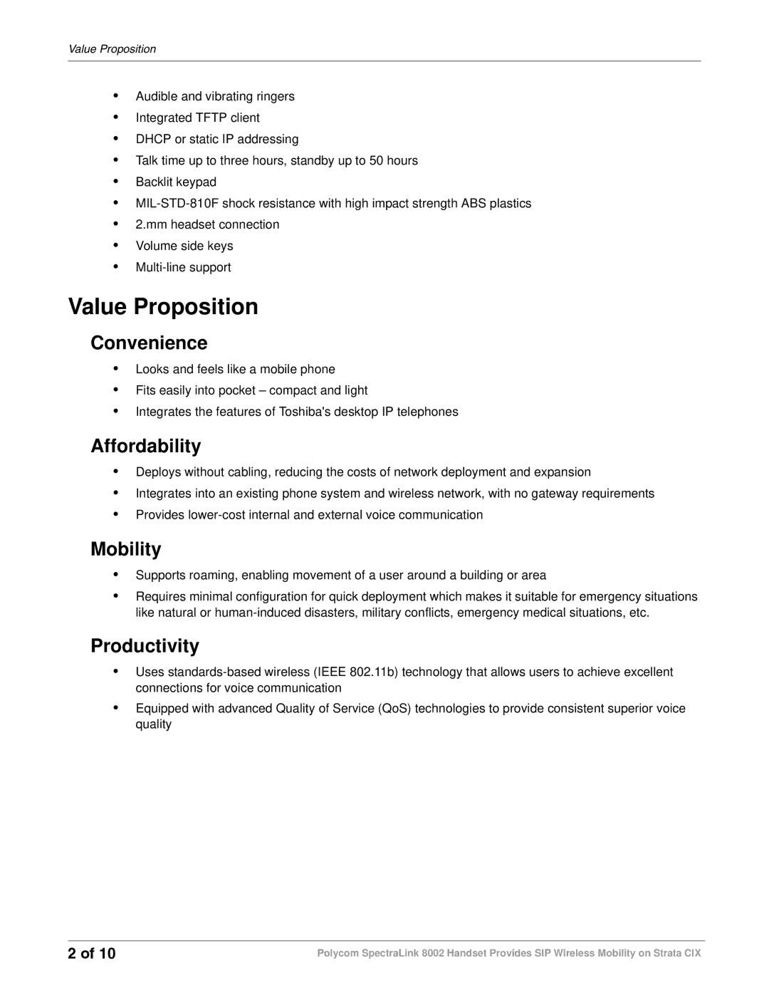 Toshiba 8002 manual Value Proposition, Convenience, Affordability, Mobility, Productivity 