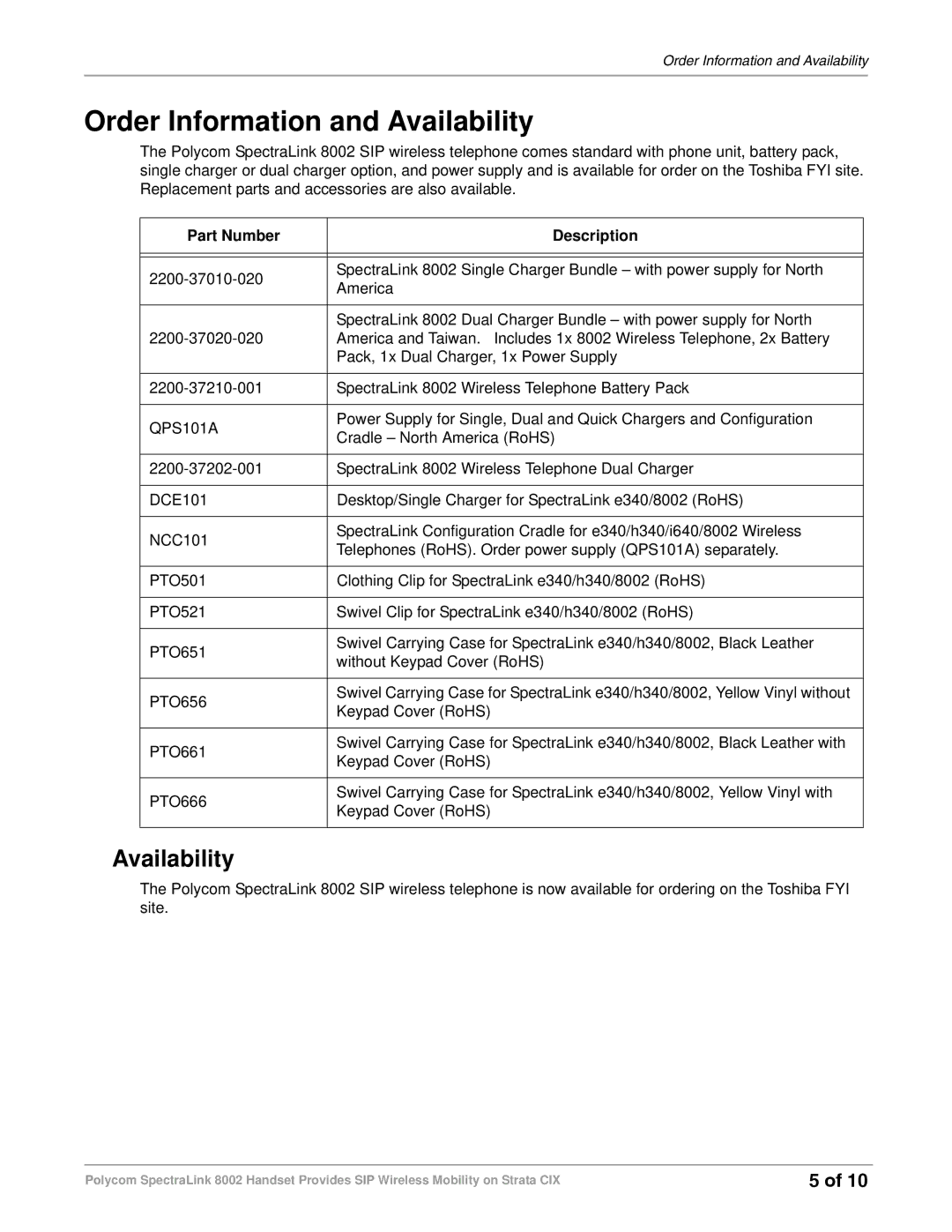 Toshiba 8002 manual Order Information and Availability, Part Number Description 