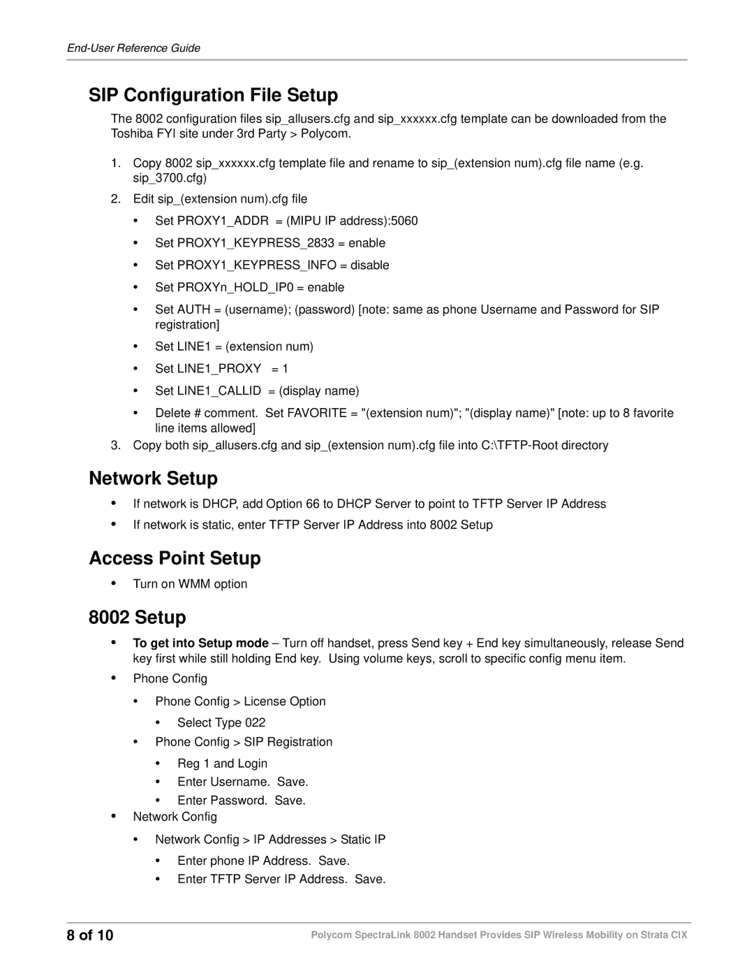 Toshiba 8002 manual SIP Configuration File Setup, Network Setup, Access Point Setup 